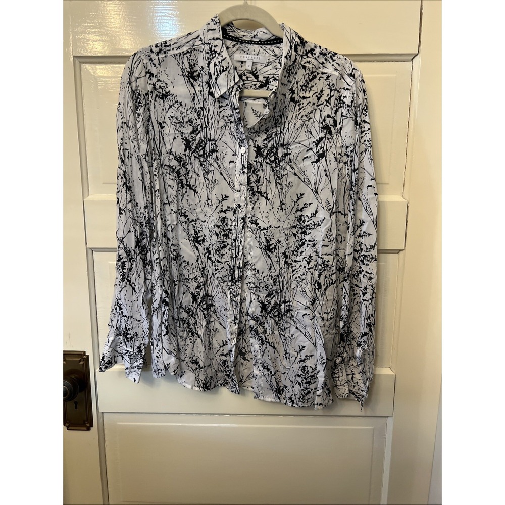 Foxcroft Women 12 Button Up Blouse Top Long Sleeve Easy Care Black White Print